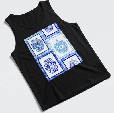 Patchwork illustration of blue and white ginger jars in a decorative design — printed on a tank top