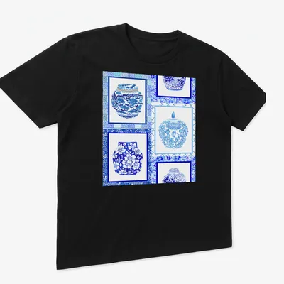 Patchwork illustration of blue and white ginger jars in a decorative design — printed on a unisex t-shirt (angled view)