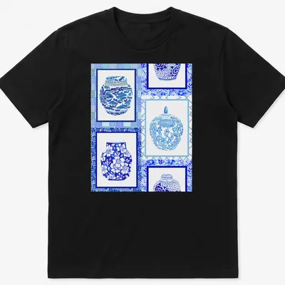 Patchwork illustration of blue and white ginger jars in a decorative design — printed on a unisex t-shirt
