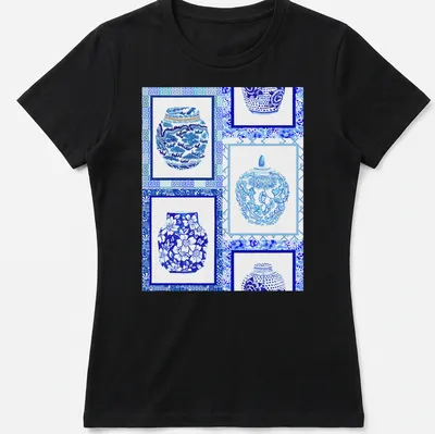 Patchwork illustration of blue and white ginger jars in a decorative design — printed on a women's shirt
