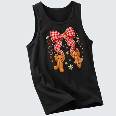Kawaii gingerbread couple under a red plaid bow in festive colors — printed on a tank top
