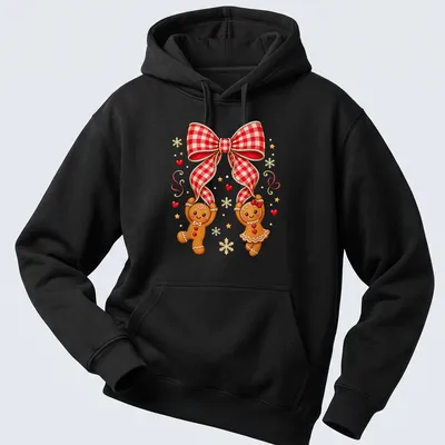 Kawaii gingerbread couple under a red plaid bow in festive colors — printed on a unisex hoodie