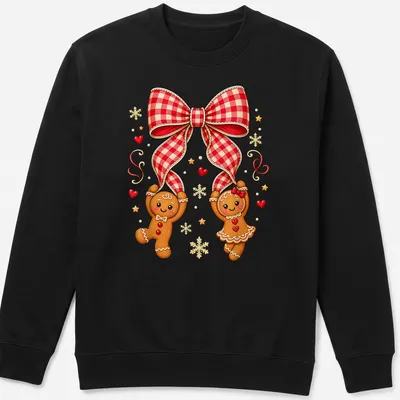 Kawaii gingerbread couple under a red plaid bow in festive colors — printed on a unisex sweatshirt