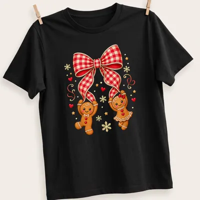 Kawaii gingerbread couple under a red plaid bow in festive colors