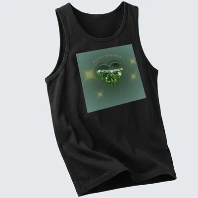Illustration of glowing flowers forming a heart with text 'WHITE WHISPER' in dark botanical art style — printed on a tank top