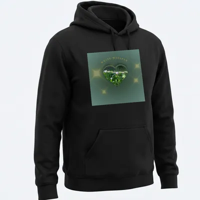Illustration of glowing flowers forming a heart with text 'WHITE WHISPER' in dark botanical art style — printed on a unisex hoodie