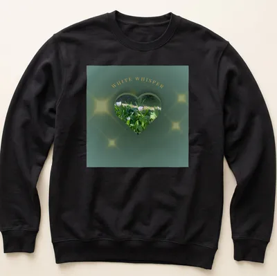 Illustration of glowing flowers forming a heart with text 'WHITE WHISPER' in dark botanical art style — printed on a unisex sweatshirt