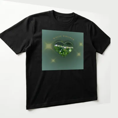 Illustration of glowing flowers forming a heart with text 'WHITE WHISPER' in dark botanical art style — printed on a unisex t-shirt (angled view)