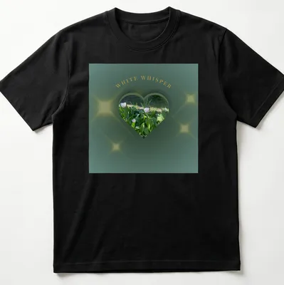 Illustration of glowing flowers forming a heart with text 'WHITE WHISPER' in dark botanical art style