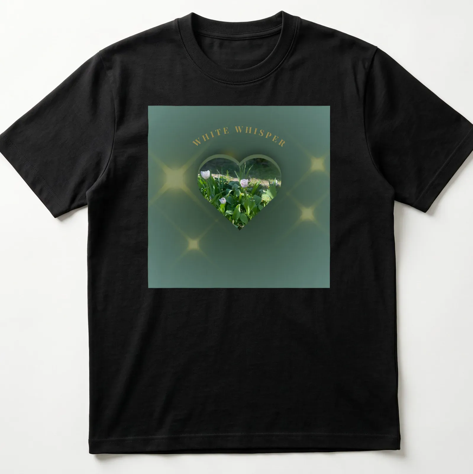 Illustration of glowing flowers forming a heart with text 'WHITE WHISPER' in dark botanical art style — printed on a unisex t-shirt