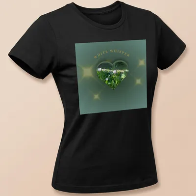Illustration of glowing flowers forming a heart with text 'WHITE WHISPER' in dark botanical art style — printed on a women's shirt