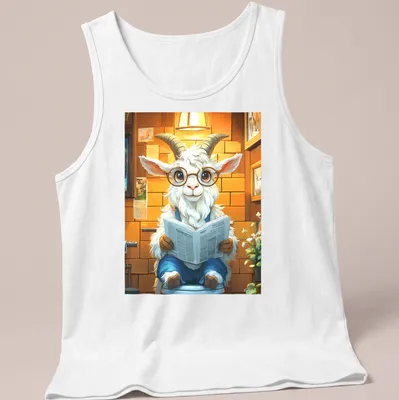 Cartoon goat reading a newspaper in a bathroom with colorful lettering. — printed on a tank top