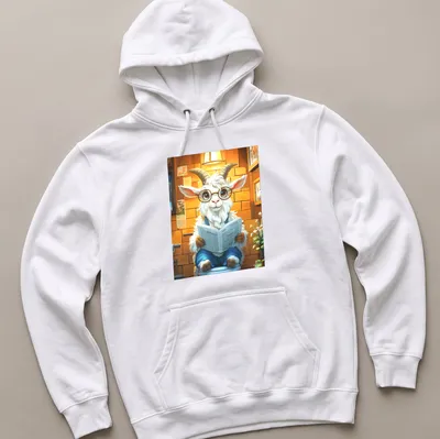 Cartoon goat reading a newspaper in a bathroom with colorful lettering. — printed on a unisex hoodie