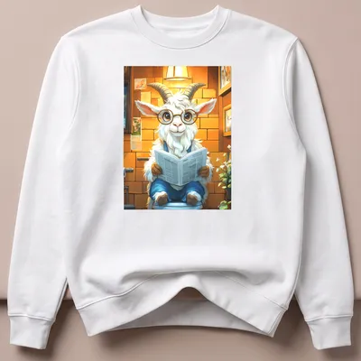 Cartoon goat reading a newspaper in a bathroom with colorful lettering. — printed on a unisex sweatshirt