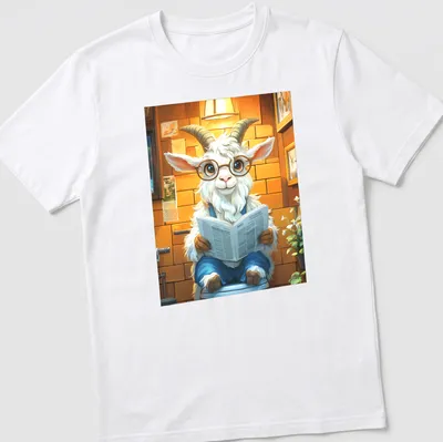 Cartoon goat reading a newspaper in a bathroom with colorful lettering.