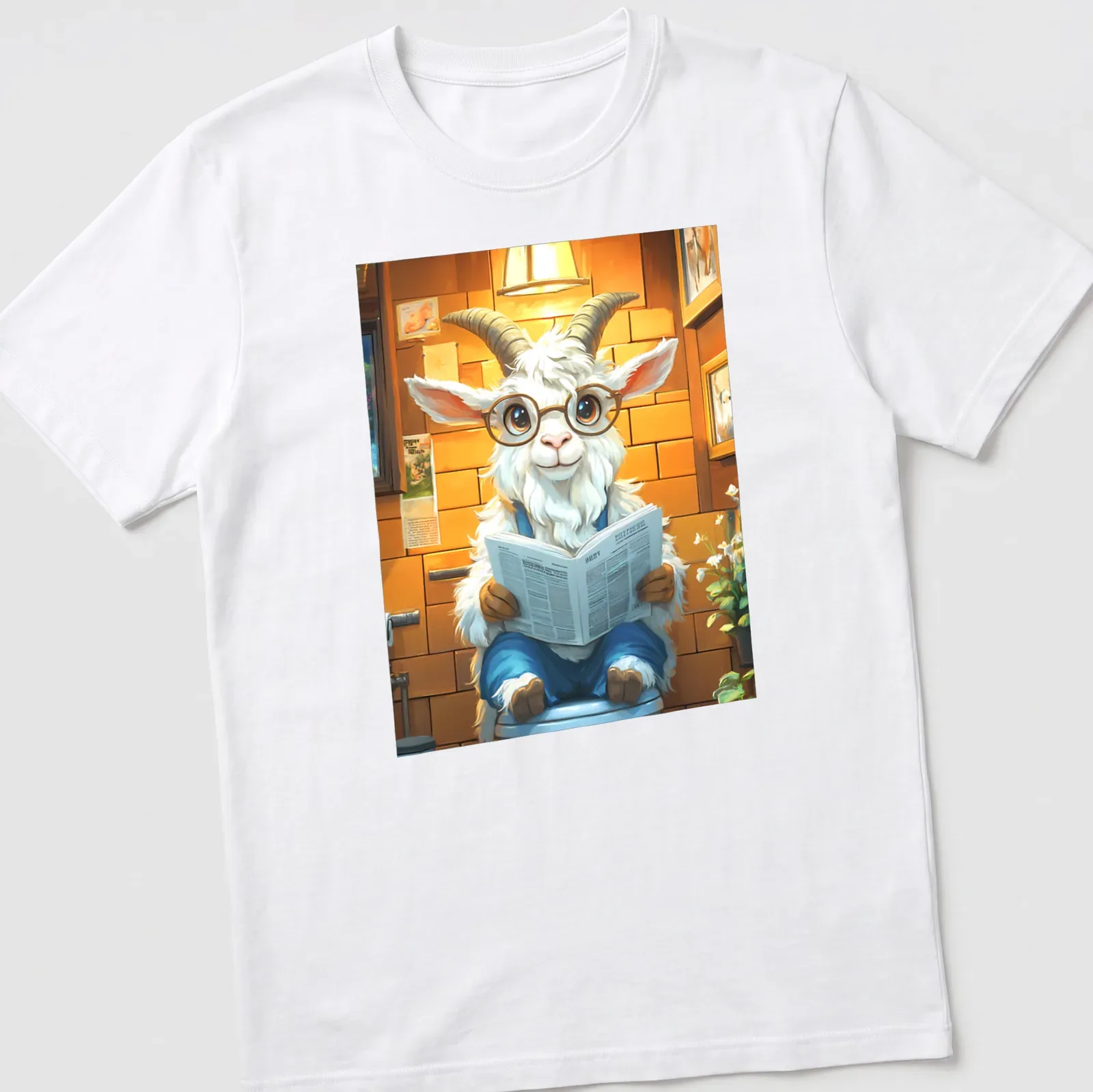 Cartoon goat reading a newspaper in a bathroom with colorful lettering. — printed on a unisex t-shirt