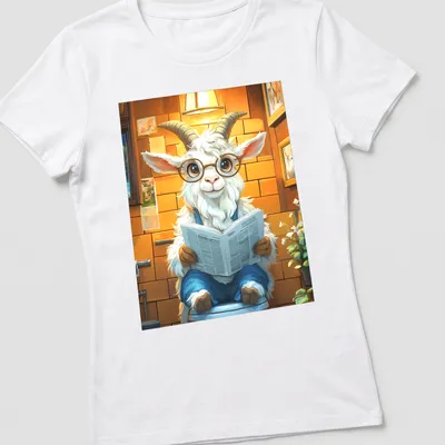Cartoon goat reading a newspaper in a bathroom with colorful lettering. — printed on a women's shirt