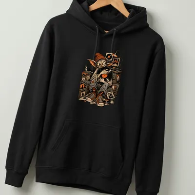 Vintage illustration of a goblin DJ holding a vinyl record in Halloween colors — printed on a unisex hoodie