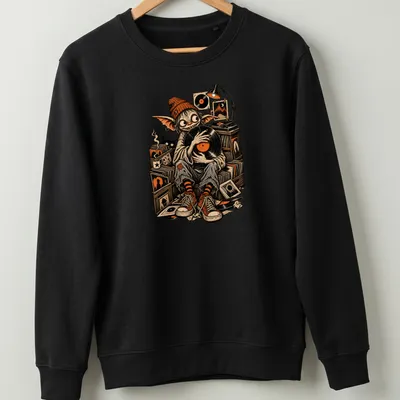 Vintage illustration of a goblin DJ holding a vinyl record in Halloween colors — printed on a unisex sweatshirt