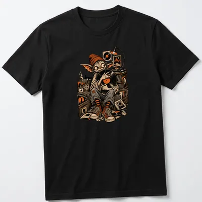 Vintage illustration of a goblin DJ holding a vinyl record in Halloween colors — printed on a unisex t-shirt