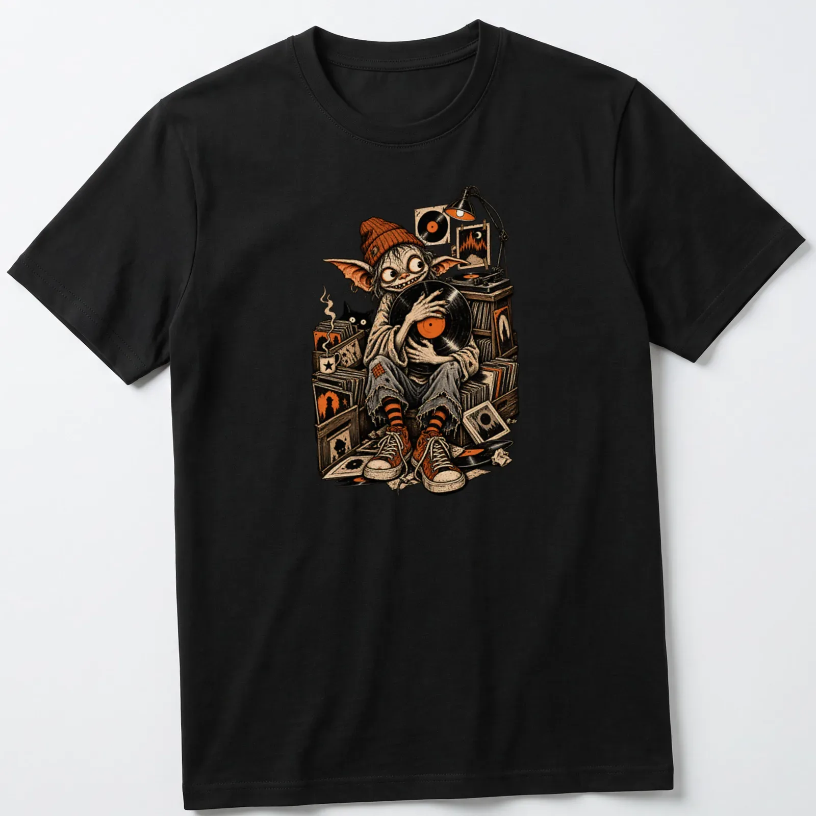 Vintage illustration of a goblin DJ holding a vinyl record in Halloween colors — printed on a unisex t-shirt