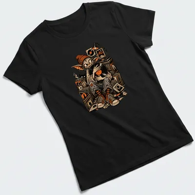 Vintage illustration of a goblin DJ holding a vinyl record in Halloween colors — printed on a women's shirt