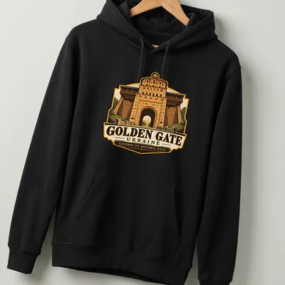 Vintage illustration of the Golden Gate in Kyiv with rich colors and detailed design — printed on a unisex hoodie