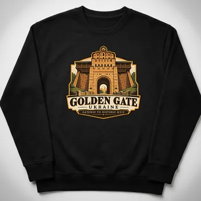 Vintage illustration of the Golden Gate in Kyiv with rich colors and detailed design — printed on a unisex sweatshirt