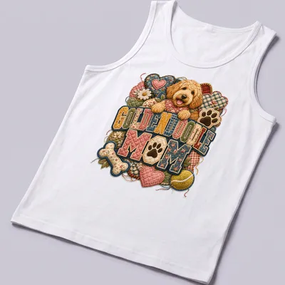 Patchwork design with Goldendoodle dog and text 'Goldendoodle Mom' in multiple colors — printed on a tank top
