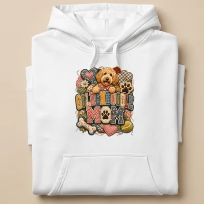 Patchwork design with Goldendoodle dog and text 'Goldendoodle Mom' in multiple colors — printed on a unisex hoodie