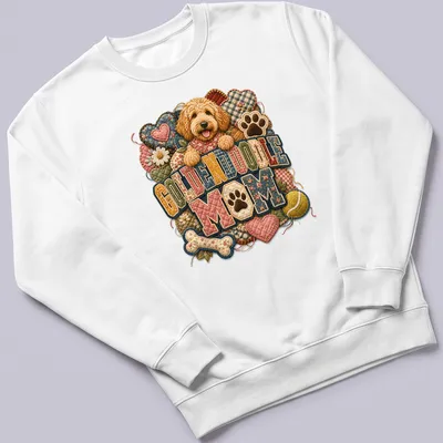 Patchwork design with Goldendoodle dog and text 'Goldendoodle Mom' in multiple colors — printed on a unisex sweatshirt