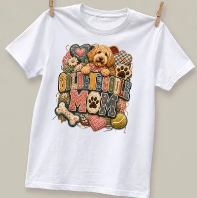 Patchwork design with Goldendoodle dog and text 'Goldendoodle Mom' in multiple colors