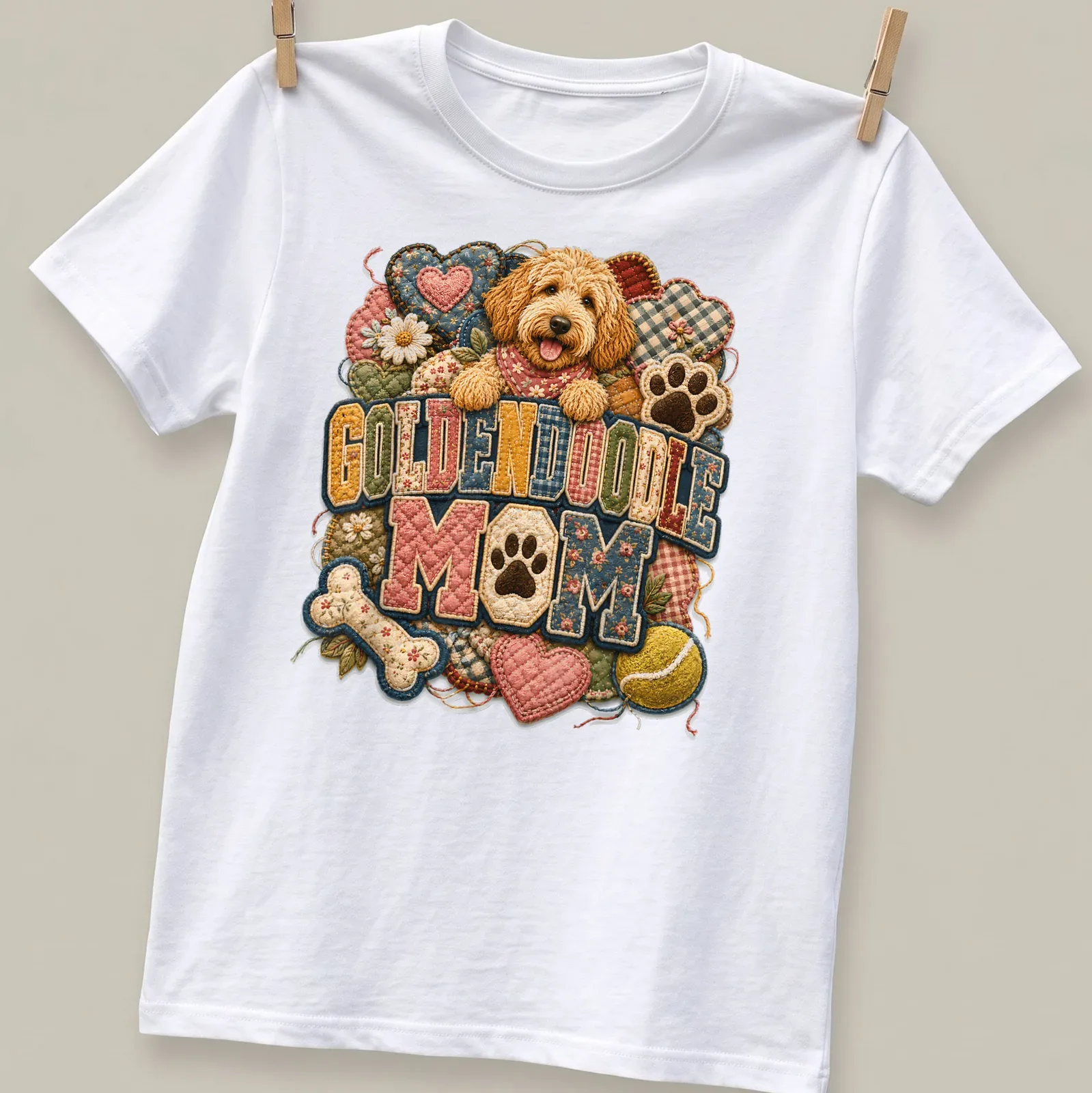 Patchwork design with Goldendoodle dog and text 'Goldendoodle Mom' in multiple colors — printed on a unisex t-shirt