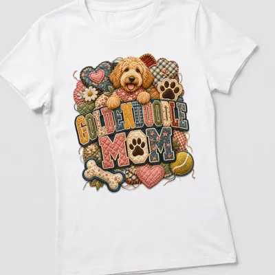 Patchwork design with Goldendoodle dog and text 'Goldendoodle Mom' in multiple colors — printed on a women's shirt
