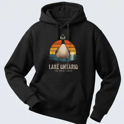 Vintage illustration of a goose at Lake Ontario, featuring warm colors — printed on a unisex hoodie