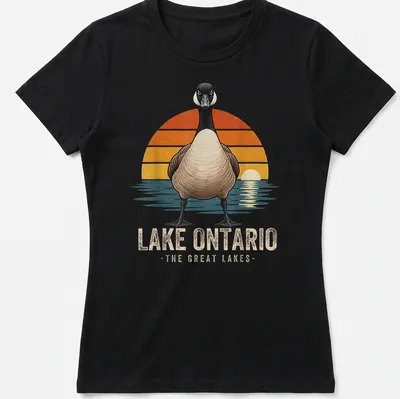 Vintage illustration of a goose at Lake Ontario, featuring warm colors — printed on a women's shirt