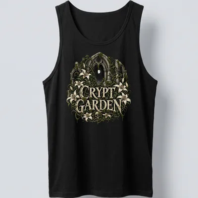 Gothic ruins with flowers and skull illustration on a — printed on a tank top