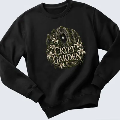 Gothic ruins with flowers and skull illustration on a — printed on a unisex sweatshirt