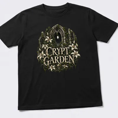 Gothic ruins with flowers and skull illustration on a — printed on a unisex t-shirt