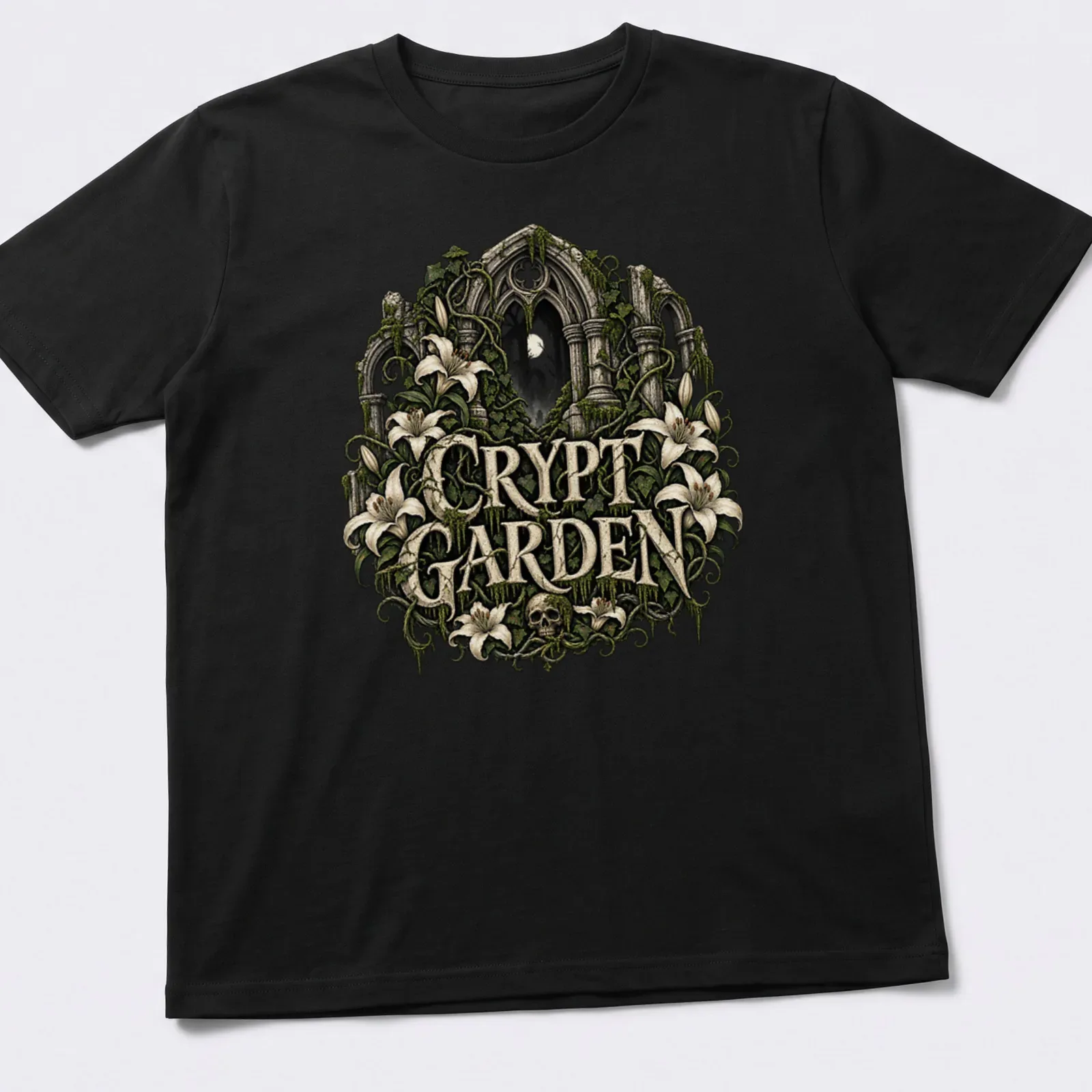 Gothic ruins with flowers and skull illustration on a — printed on a unisex t-shirt