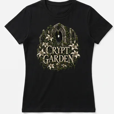 Gothic ruins with flowers and skull illustration on a — printed on a women's shirt