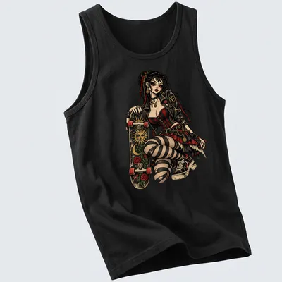 Gothic skate pinup doll illustrated in black, red, green, and beige with 'T+' text — printed on a tank top