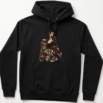 Gothic skate pinup doll illustrated in black, red, green, and beige with 'T+' text — printed on a unisex hoodie