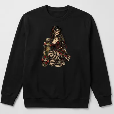 Gothic skate pinup doll illustrated in black, red, green, and beige with 'T+' text — printed on a unisex sweatshirt