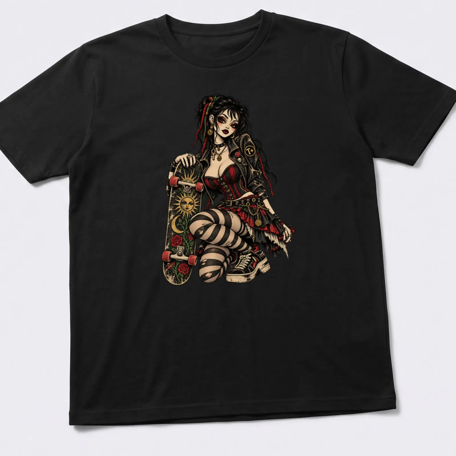 Gothic skate pinup doll illustrated in black, red, green, and beige with 'T+' text — printed on a unisex t-shirt