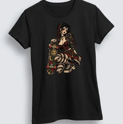 Gothic skate pinup doll illustrated in black, red, green, and beige with 'T+' text — printed on a women's shirt