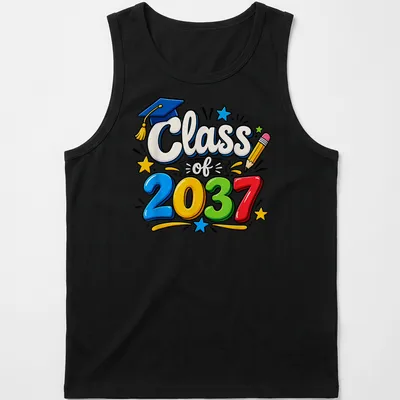 Colorful cartoon T-shirt featuring graduation caps and Class of 2037 text — printed on a tank top