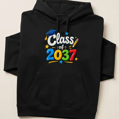 Colorful cartoon T-shirt featuring graduation caps and Class of 2037 text — printed on a unisex hoodie