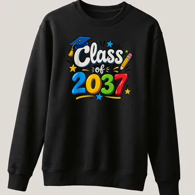 Colorful cartoon T-shirt featuring graduation caps and Class of 2037 text — printed on a unisex sweatshirt