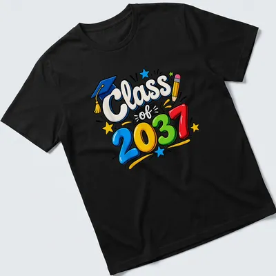 Colorful cartoon T-shirt featuring graduation caps and Class of 2037 text